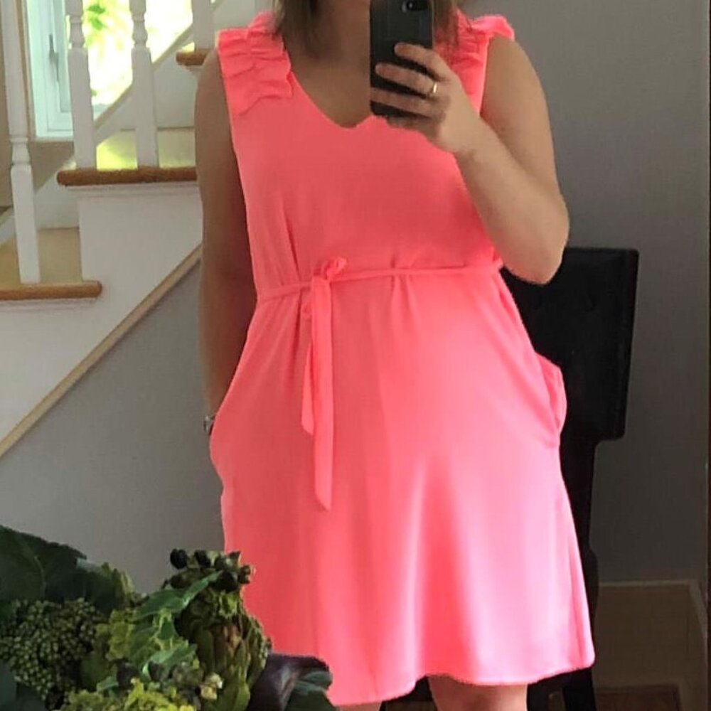 Neon pink Staccato dress, size Medium, waist-tie, ruffled straps